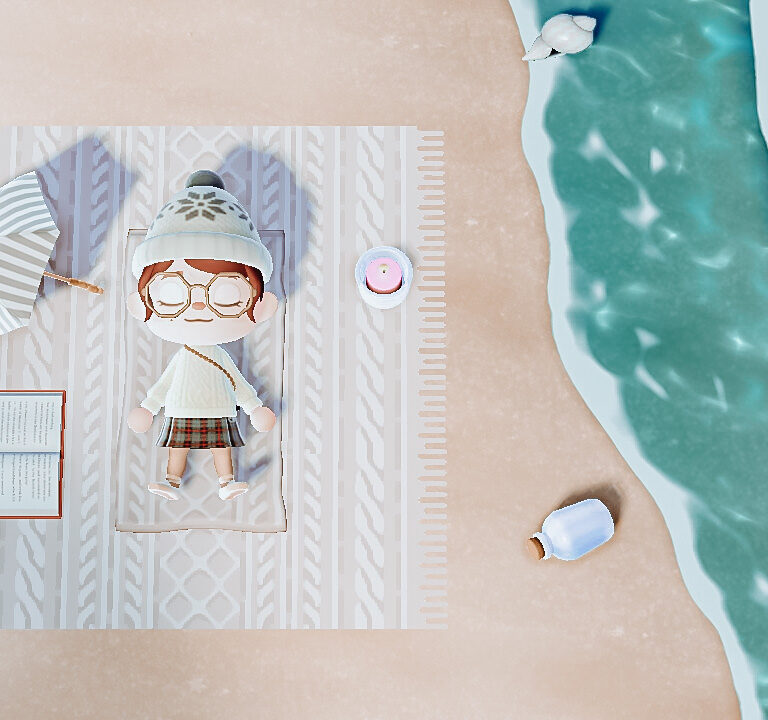 A screenshot of my ACNH avatar laying on the beach.