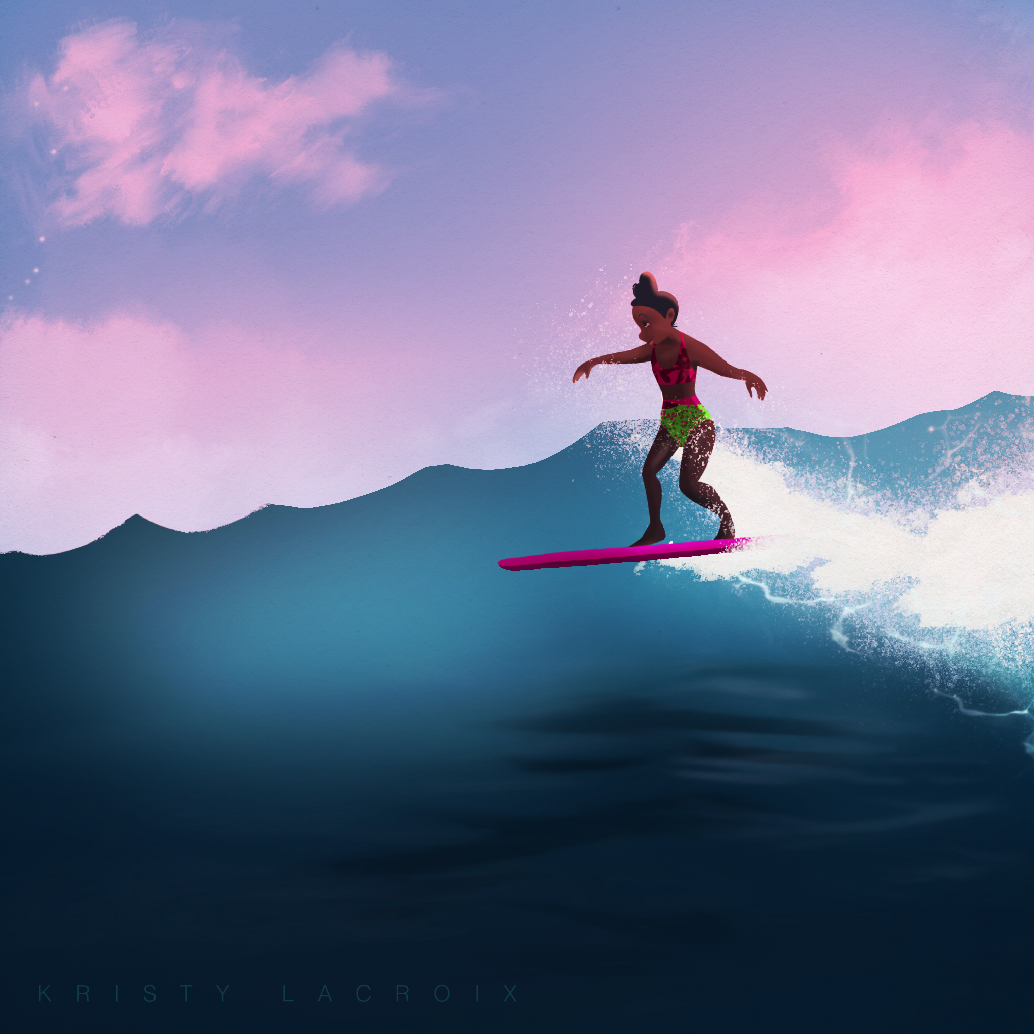A surfer girl at sunset catching a wave.