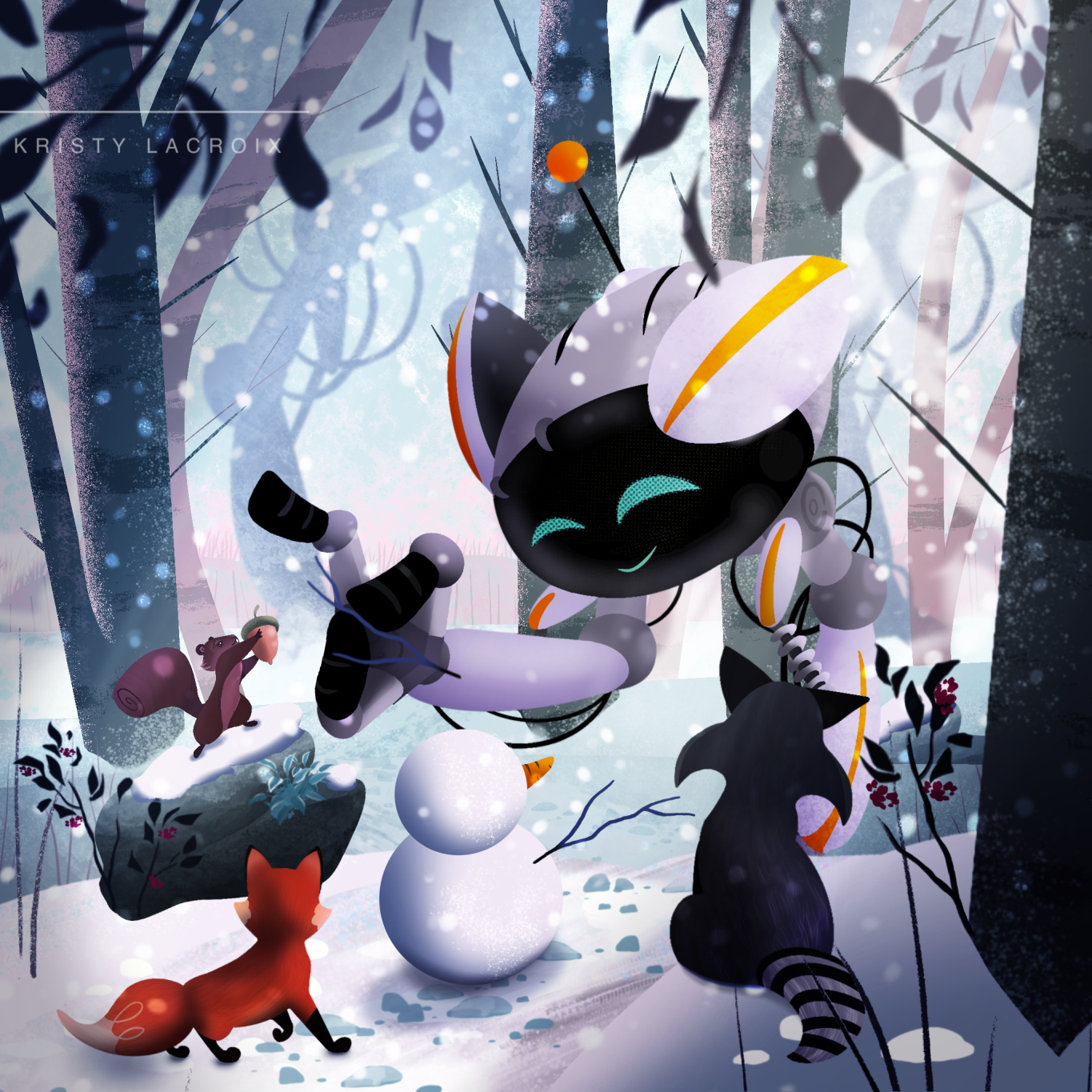 A tiny robot builds a tiny snowman in a winter forest with help from their animal friends. In the distance, the shadows of larger sentinel robots move past the tranquil scene. Procreate on iPad.