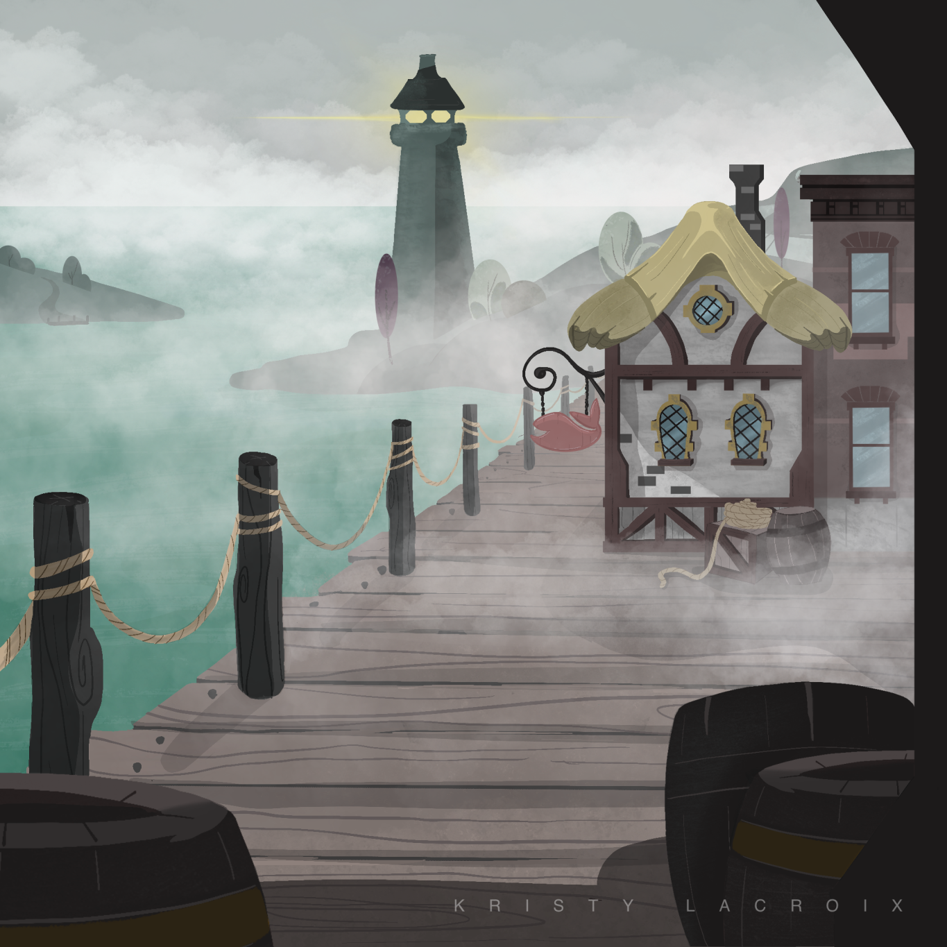 A depiction of a boardwalk with quaint rustic buildings and a lighthouse in the background. Mist rolls over the scene.