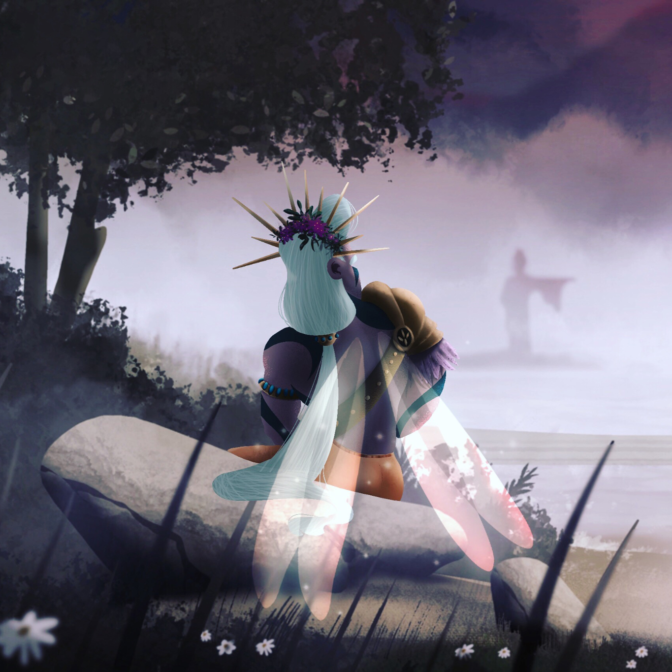 Oberon-Fairy-King-1365px A stylized digital illustration of a regal fairy figure, seen from behind, seated on a smooth rock in a misty, enchanted landscape. The fairy has translucent wings, long flowing aqua hair, and wears a flower crown adorned with golden spikes.