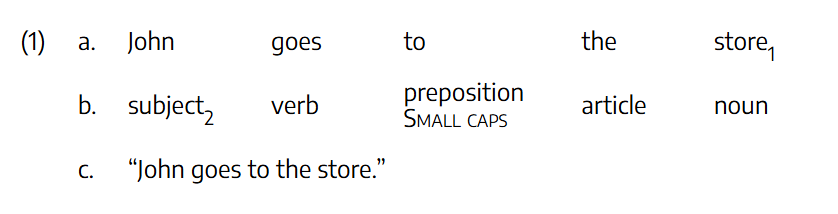 Standard Linguistic Gloss Template, 2025 A three-line linguistic gloss of the English sentence “John goes to the store.”