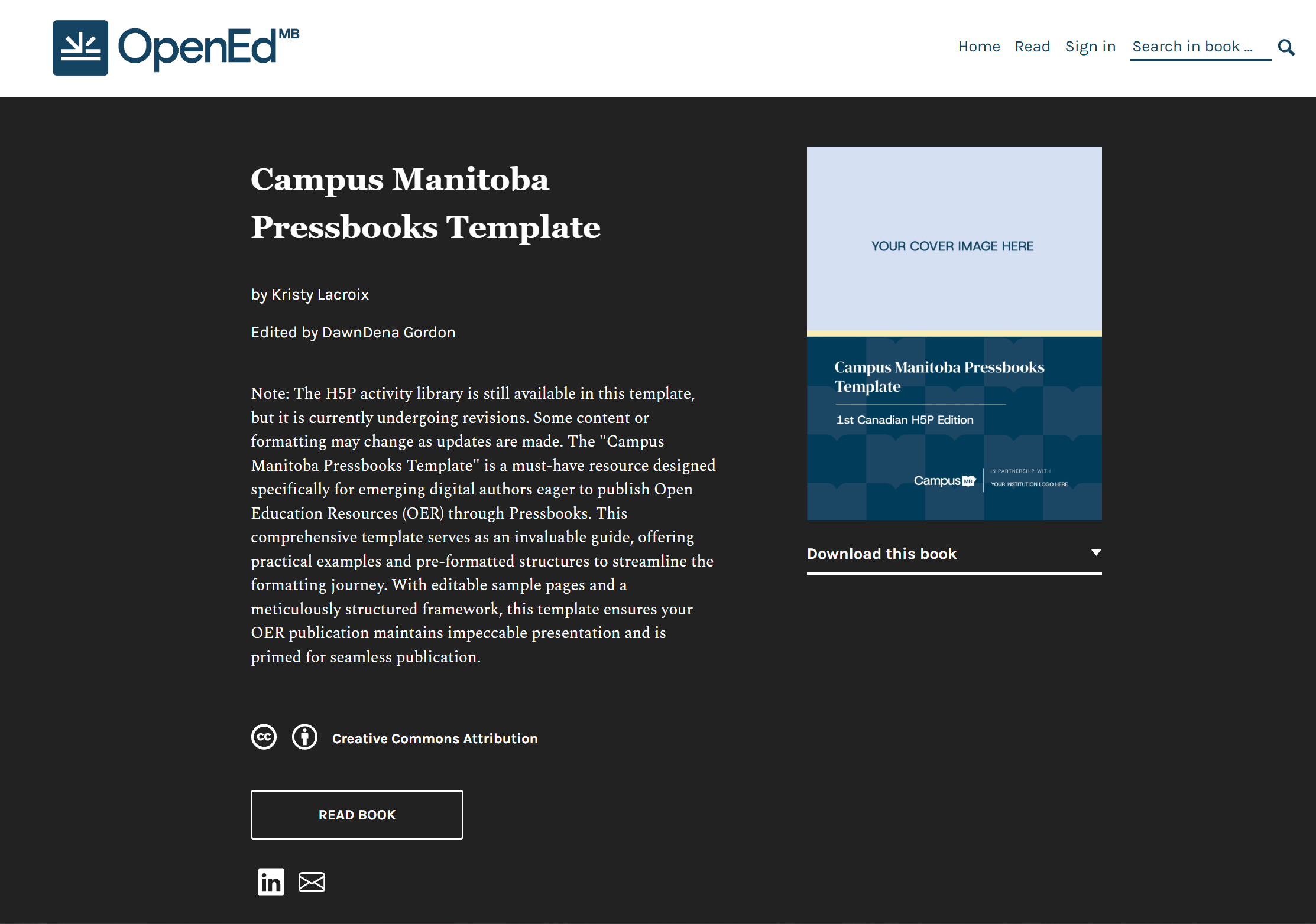 Screenshot of the Campus Manitoba Pressbooks Template page on OpenEd Manitoba, showing title, authors, description, Creative Commons license, “Read Book” button, and book cover preview with download option.