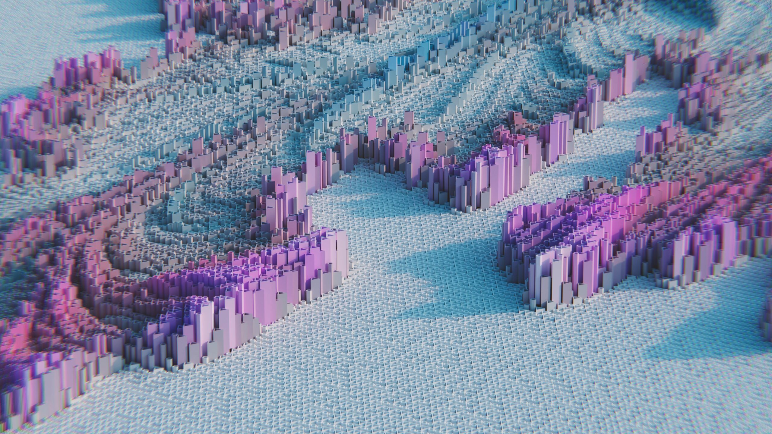 3D abstract geometric pattern featuring pastel pink and purple blocks, creating a modern visual effect.